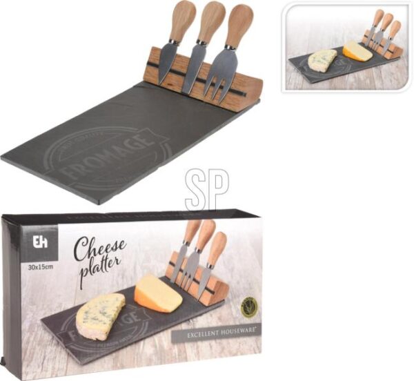 planche à fromage en ardoise avec 3 couteaux