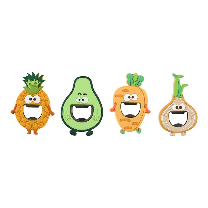 quatre décapsuleurs en forme de fruits magnétiques
